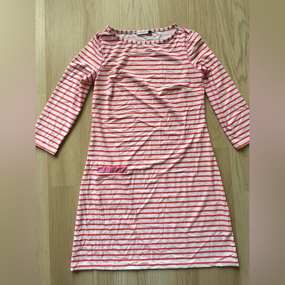 LK NEW Cabana Life SPF 50 Spandex blend shift dress stripe boatneck pocket CORAL - Picture 3 of 9
